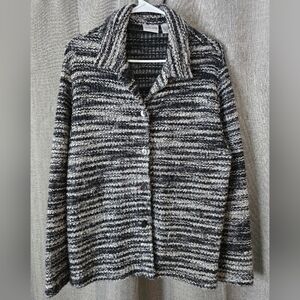 Chicos Size 2 (L) Black & Grey Striped Cardigan Collared Button Up